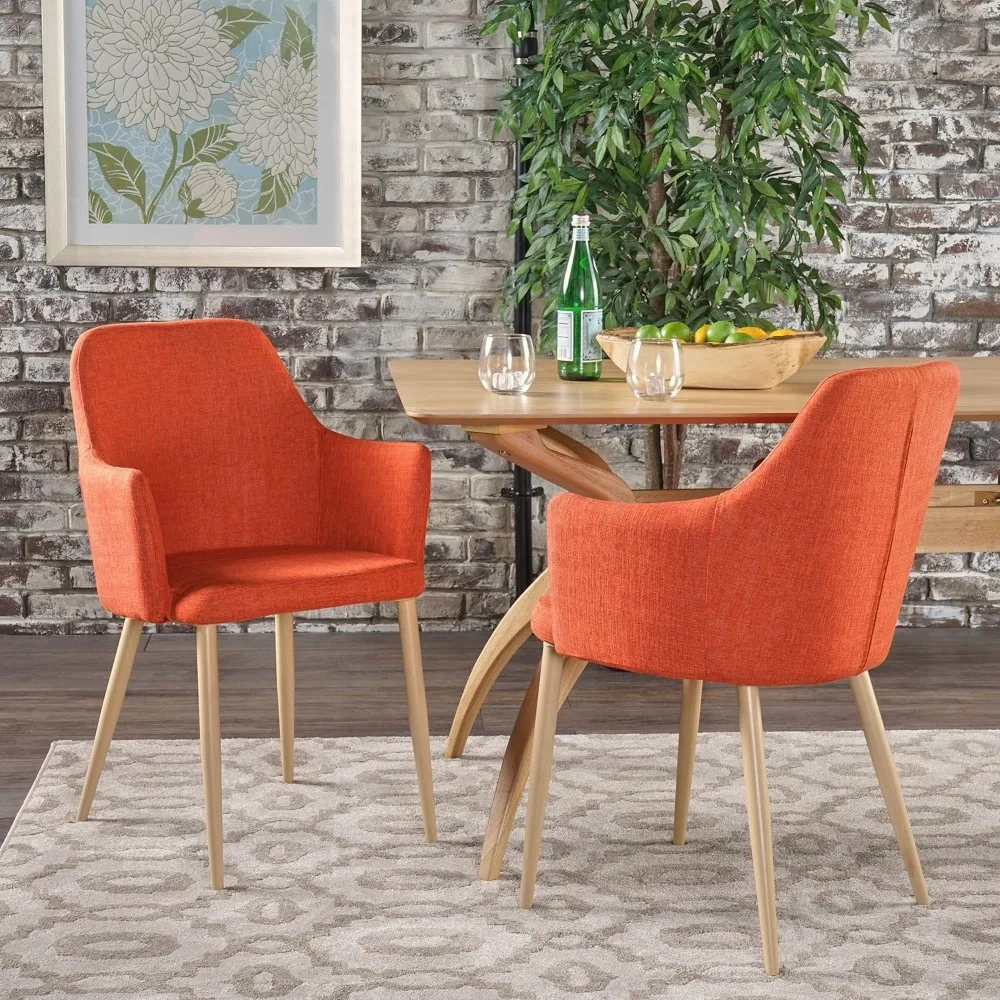 

Zeila Mid-Century Modern Fabric Dining Chair with Wood Finished Metal Legs, 2-Pcs Set, Muted Orange / Light Brown