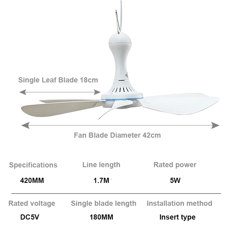 Ventilador de techo silencioso de 6 aspas alimentado por USB, ventilador colgante de 4 velocidades para cama de camping, cama de dormito, tiendas de campaña colgantes para exteriores