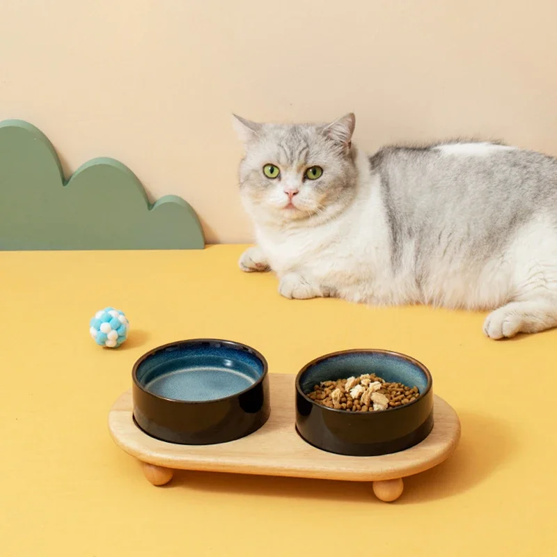 850ML Cat Ceramic Double Bowls Pet Food Water Feeding Supplies with Wooden Stand Small Medium Dogs Drinking Eating Feeders