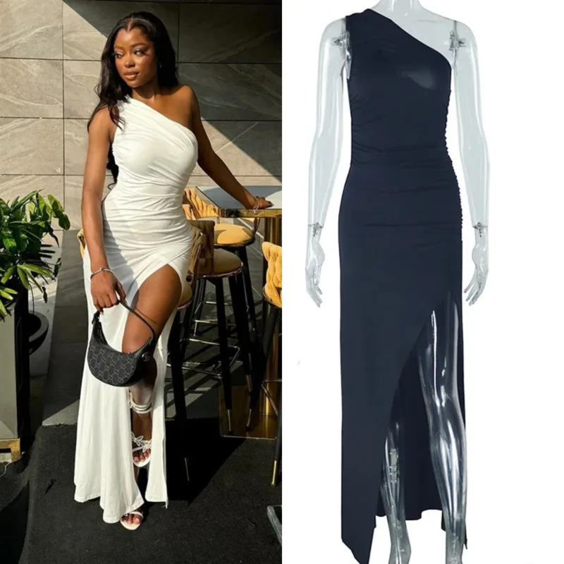 

Elegant Solid-color High-waist Women Evening Gown Sexy Bodycon Asymmetrical High Slit Dress Stylish Summer Party Banquet Dress