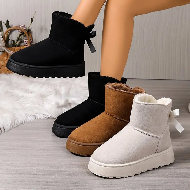 

Faux Suede Platform Snow Boots Women Slip On Warm Thicken Plush Winter Boots Woman Cute Bowk Decor Non Slip Cotton Shoes Female