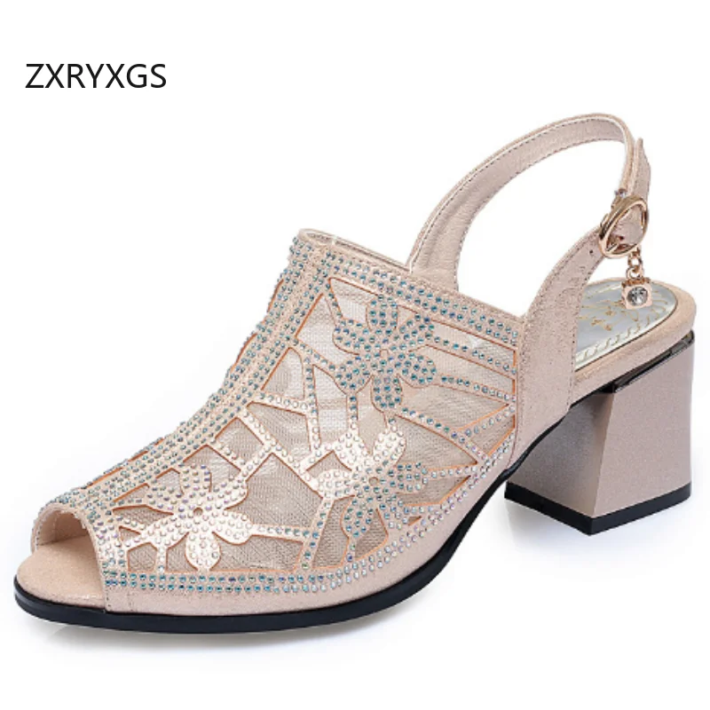

ZXRYXGS/Новые модные сандалии из воловьей кожи со стразами, лето 2022, сандалии с открытым носком, элегантные женские сандалии на высоком каблуке, обувь Tide