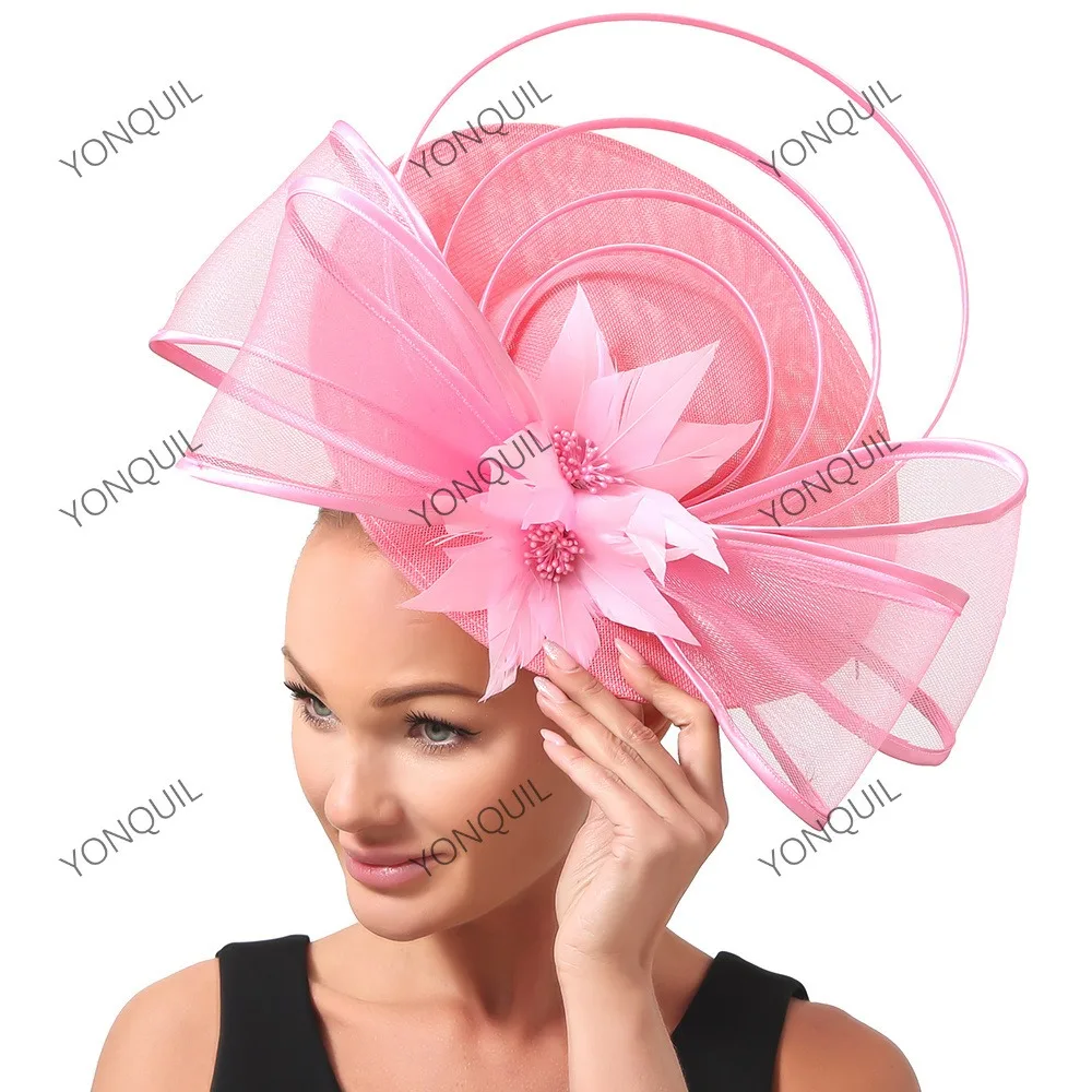 Pink Millinery Bridal Derby Pillbox Hats With Bowknot Flower Imitation Sinamay Hat Women Wedding Hair Accessories