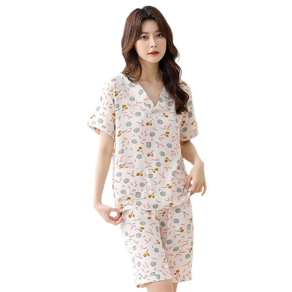 

Women's Pajamas Sets 2-piece Sleepwear Lounge Sleep Set Soft Short Sleeve Tops with Pocket and Fifth Pants Knee Length Pjs Set