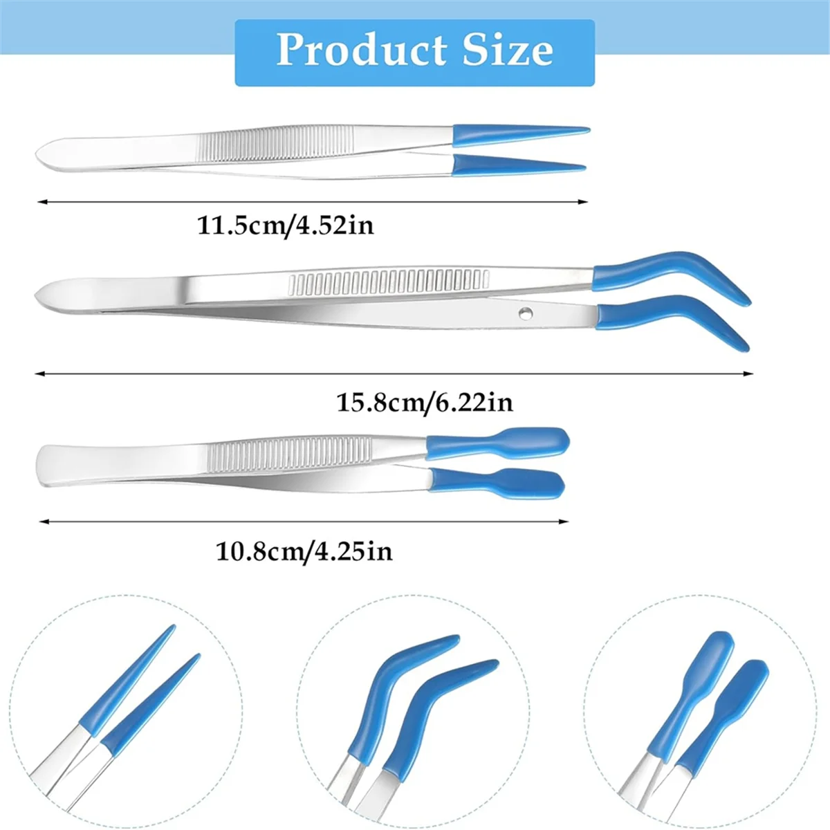 BAAQ 3-х шт. Пинцет с резиновыми наконечниками, длинный пинцет с резиновыми наконечниками Нескользящий пинцет с плоским изогнутым заостренным кончиком