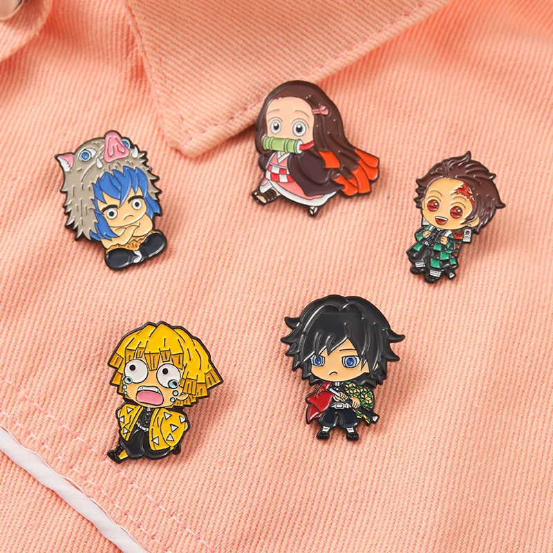 Demon Slayer Chibi Enamel Pins Tanjirou Nezuko Zenitsu Inosuke Giyuu Brooch Bag Button Badge Cartoon Jewelry Gift for Fans Kids