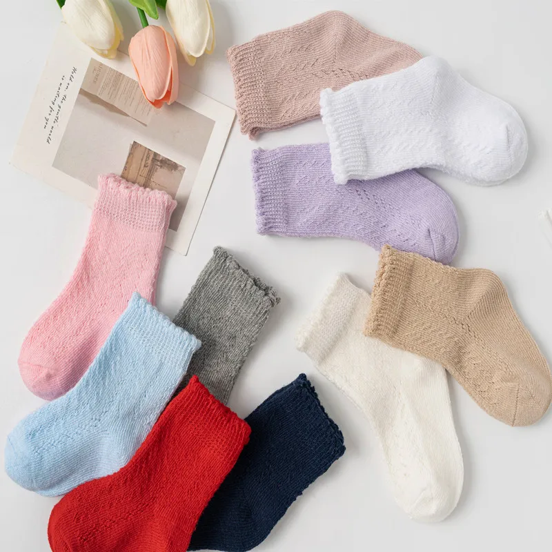 New Baby Boys Girls Socks Solid Breathable Children Short Socks Hollow Out Toddlers Kids Cotton Princess Cute Socks For 0-8Years