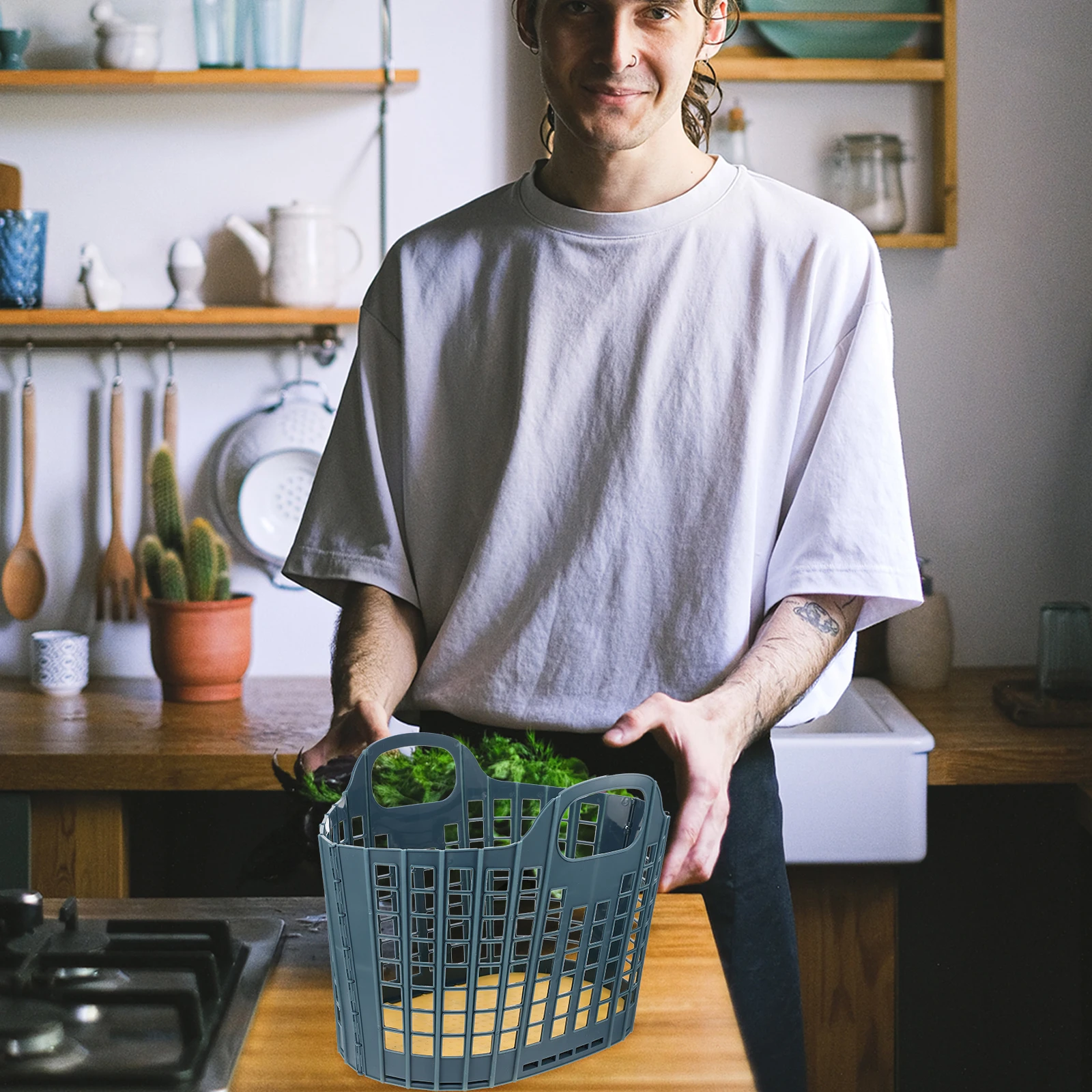 

Foldable Plastic Handheld Fruit Vegetable Storage Basket For Kitchen Home Desktop Snacks Organizer Hollow-Out Design