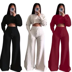 Women Pant Set Two Piece Sets Round Neck Full Sleeve Casual Loose Elegant Splice Tops Wide Leg Long Pants High Elastic Waist