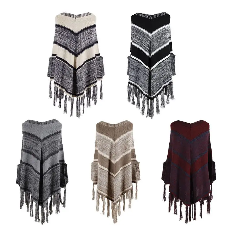 

Women Winter Neck Pullover Sweater Top Striped Fringe Tassels Shawl Wrap Batwing Knitted Loose Poncho Cape