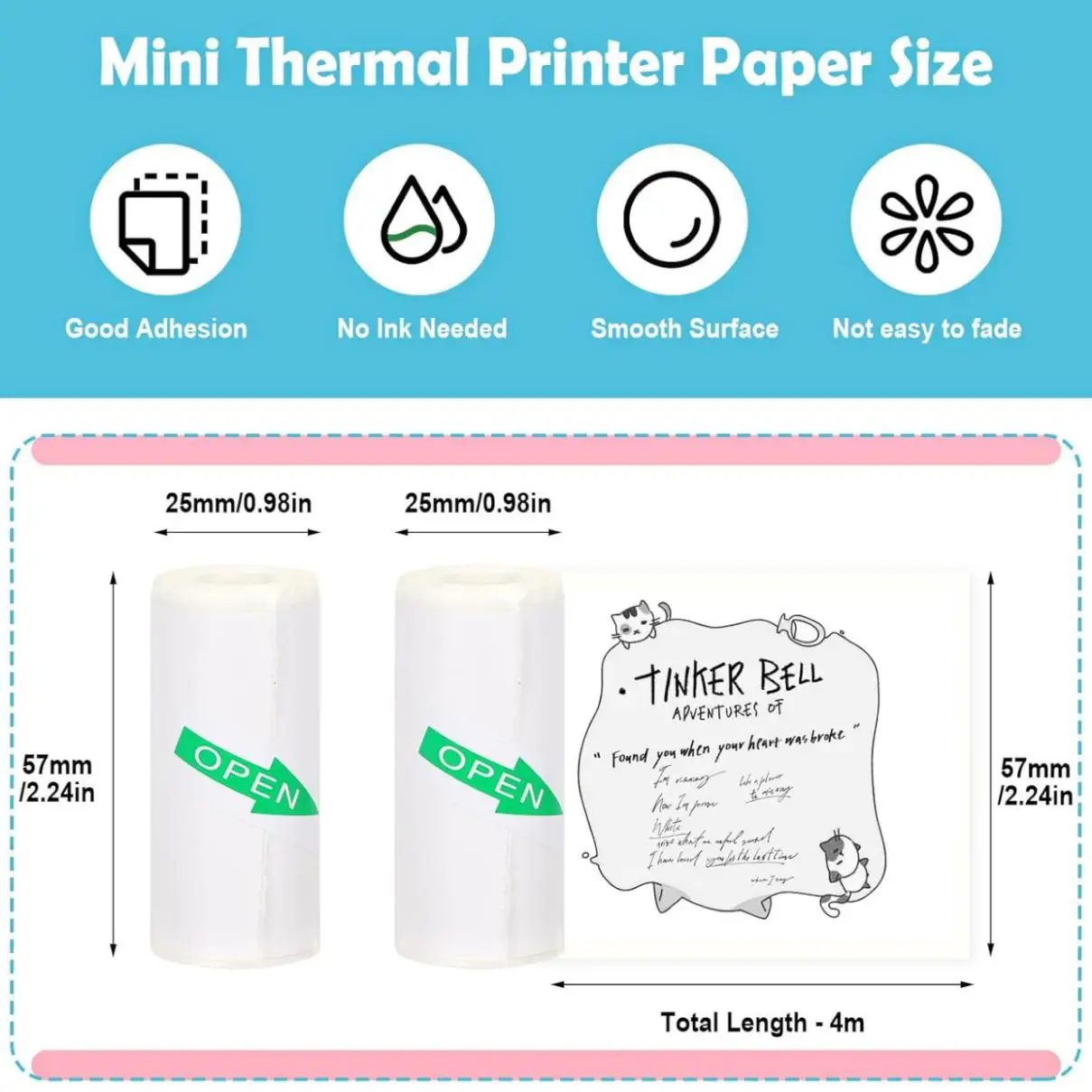 10 Roll 57x25mm Mini Thermal Printer Sticker Paper for Photo Journal Notes Memo Mini Printer Paper Thermal Printer Sticker Paper