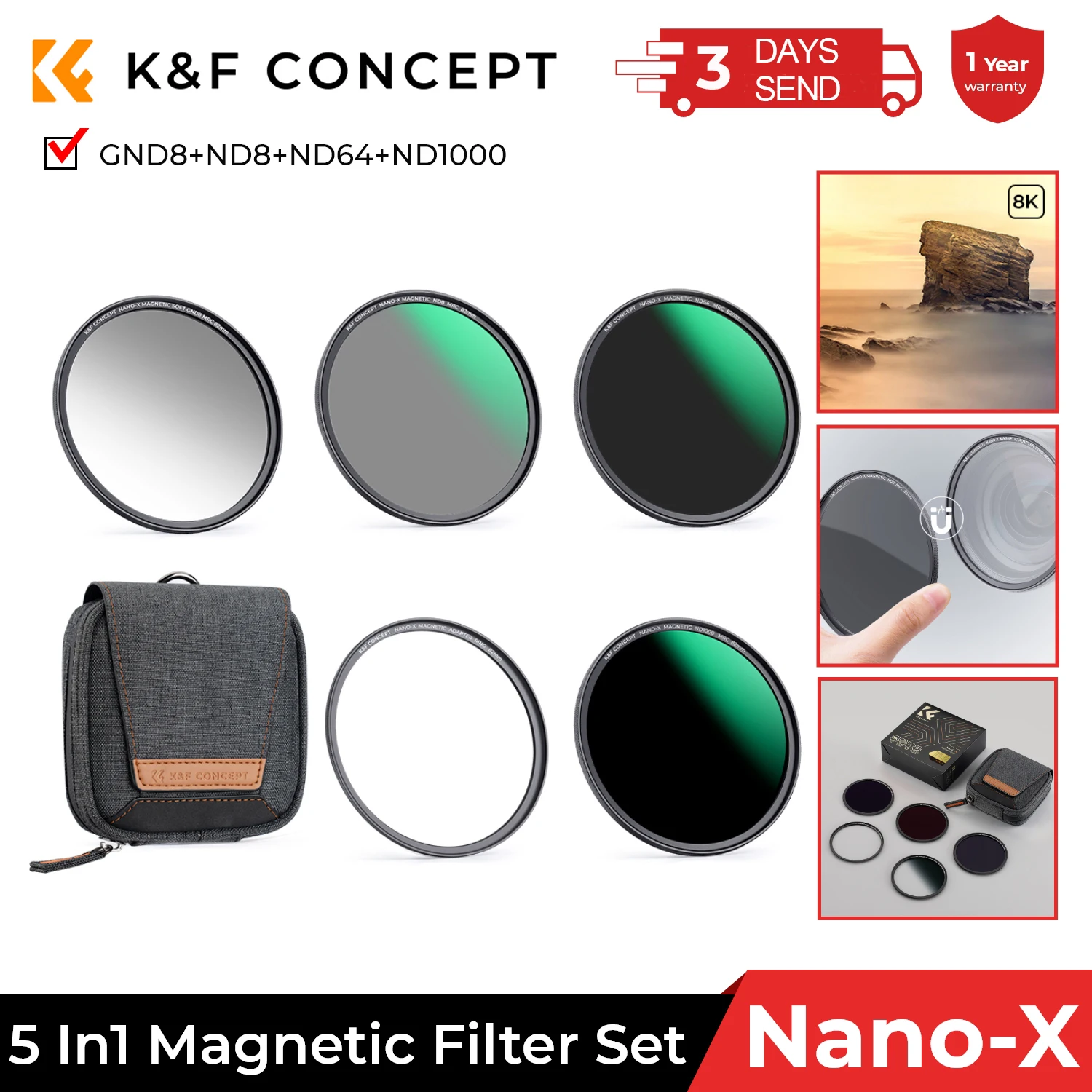 K&F Concept Kit filtro per lenti magnetiche GND8 ND8 ND64 ND1000 Anello adattatore magnetico Sistema di scambio rapido 5 in 1 Serie Nano X 49mm-82mm