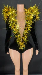 Shiny Gold Rhinestone Black Velvet Long Sleeve Bodysuit Women Evening Party Club Gala Hosts Night Club Bar Stage Show Costumes