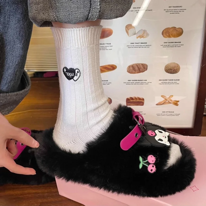 Sanrio Kuromi New Trend Fuzzy Slippers Y2k Girl Korean Fashion Thick Sole Shoes Women Cute Warm Plush Slippers Home Cotton Shoes