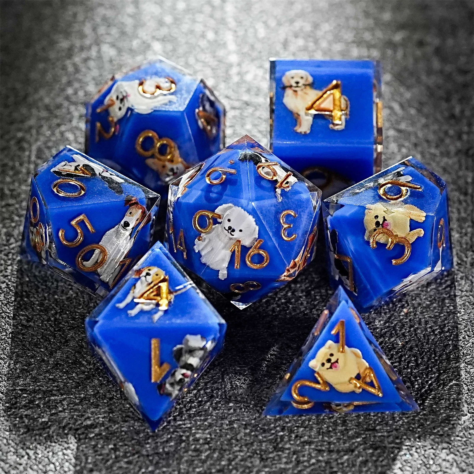 

7pcs DND Blue Cute Dog Cat Cyan/Green/Orange Resin Dice Multi-sided Polyhedral Dice for D&D Game COC Role Playing RPG Table