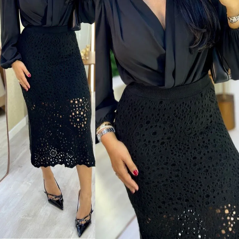 Bureau mode crochet fleur évider jupe longue taille haute Wrap hanche jupe décontracté couleur unie coupe ajustée femmes automne a-ligne jupe