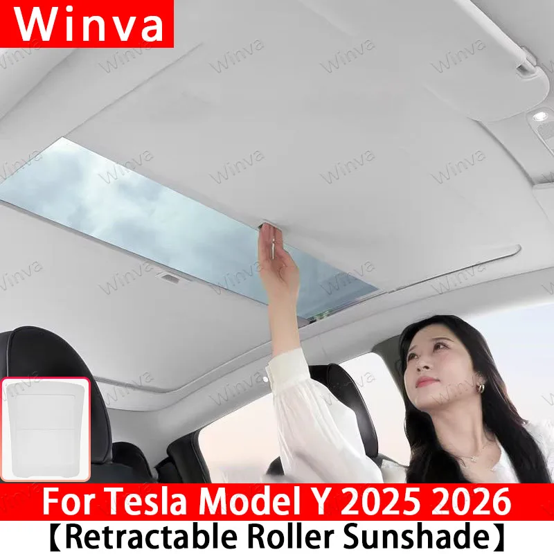 New Retratable Sunshade For Tesla Model Y Juniper 2025&Model 3 2020-2026 Roof Shade Scroll Original Sun Visor Pleated Sunscreen