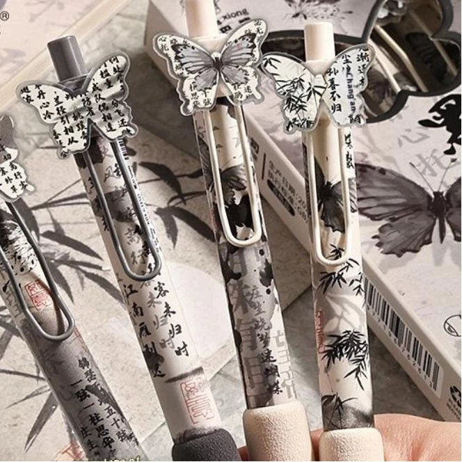4PCS/Set Soft Grip Gel Pen Press Type 0.5mm Black Ink Ballpoint Pen Butterfly Patch Neutral Pen Gift Writing Tools