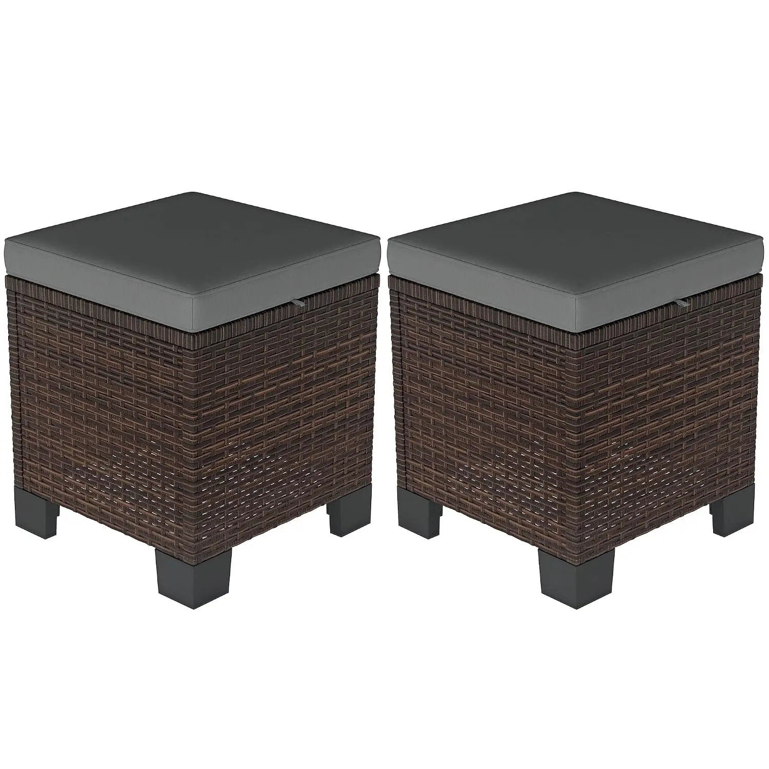 2 Pieces Outdoor Patio Ottomans All Weather PE Rattan Gray | Wicker Footstools, Removable Cushions, 3-in-1 Ottoman, Customized