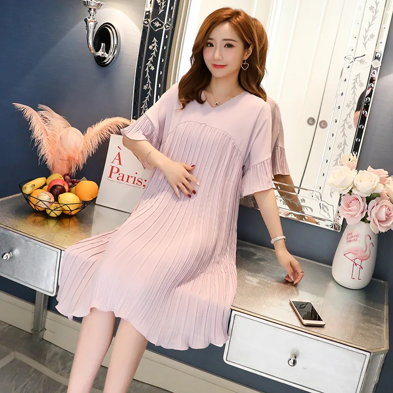 Summer Loose Chiffon Maternity Dress Maternity Pleated Short Sleeve Dress Maternity Casual Dress Maternity Dress Plus Size