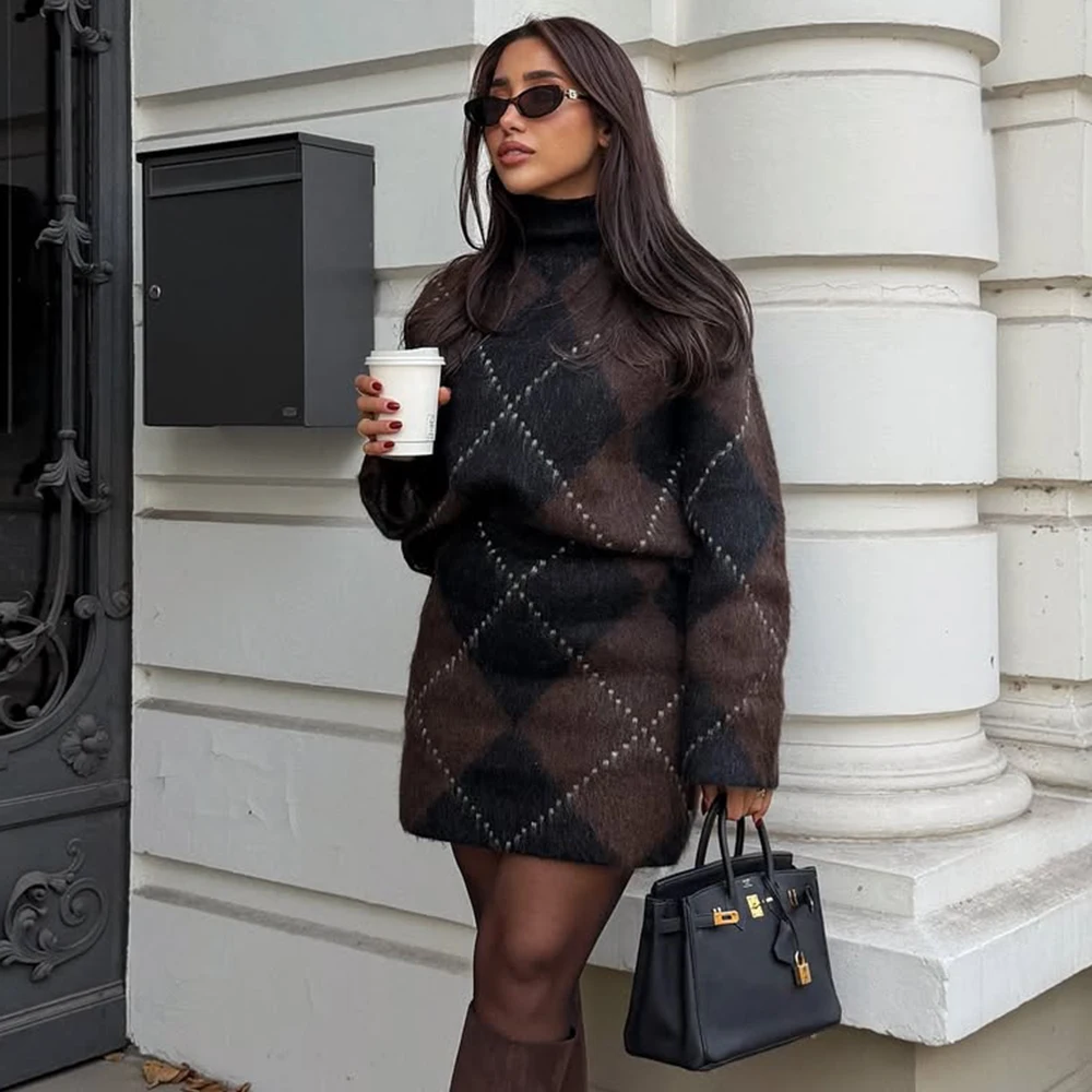 

Tuularose Vintage Knit Dress Set Fashion High Neck Pullover Sweater Striped MiniSkirt Set Autumn New Sexy Women's Knit Dress Set