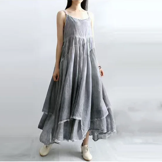 Vestido Longo de Linho Assimétrico de Camada Dupla com Alça e Barra Ampla, Estilo Artístico de Cor Pura, Novo para o Verão