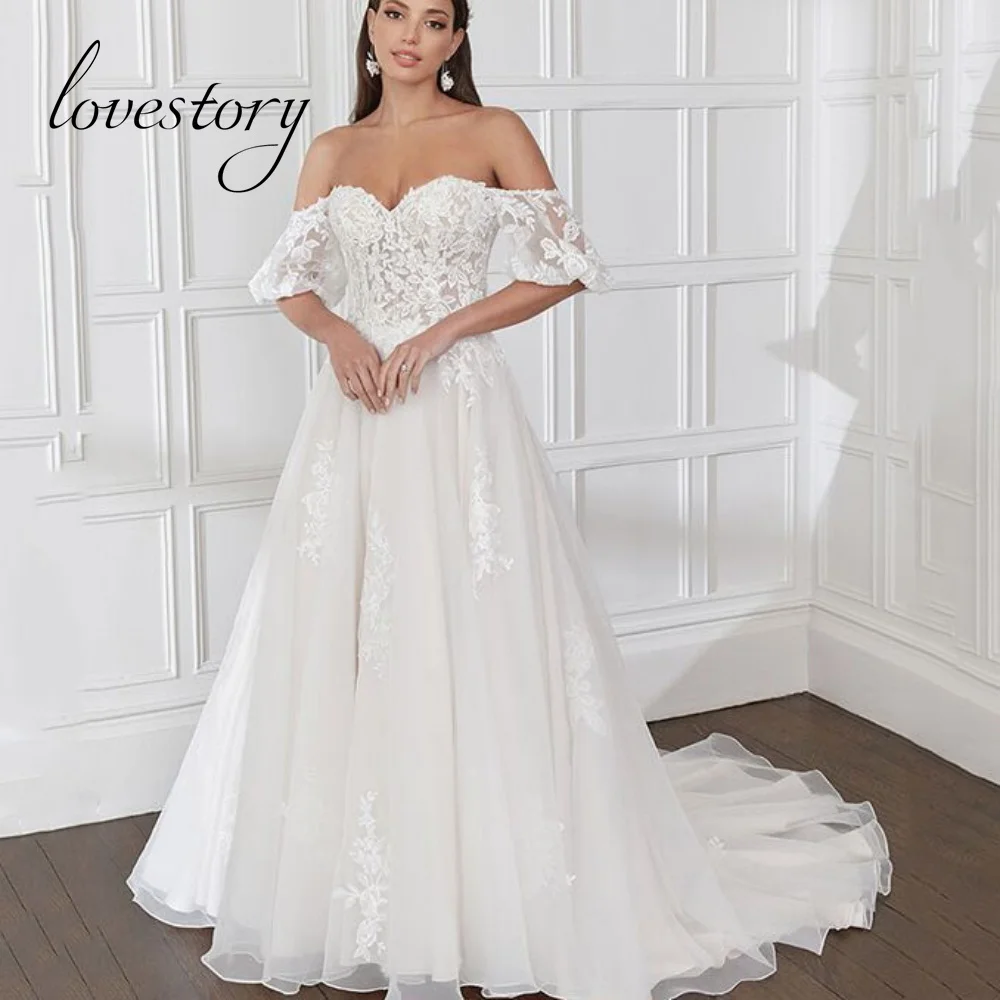 

Elegant A-Line Wedding Dresses Off Shoulder Bride Robe Lace Appliques Backless Bridal Gown Button Vestidos De Noiva