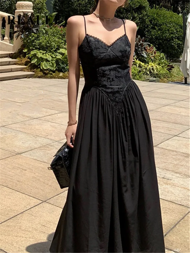 

REALEFT 2022 Summer Black Women's Long Dress Fashion Spring Spaghetti Sleeveless High Waist A-line Party Dresses Female