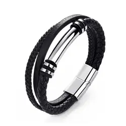 20pcs Punk Multilayer Leather Men Bracelet Trendy Stainless Steel Magnetic Clasps Classic Wristband Male Jewelry Wholesale