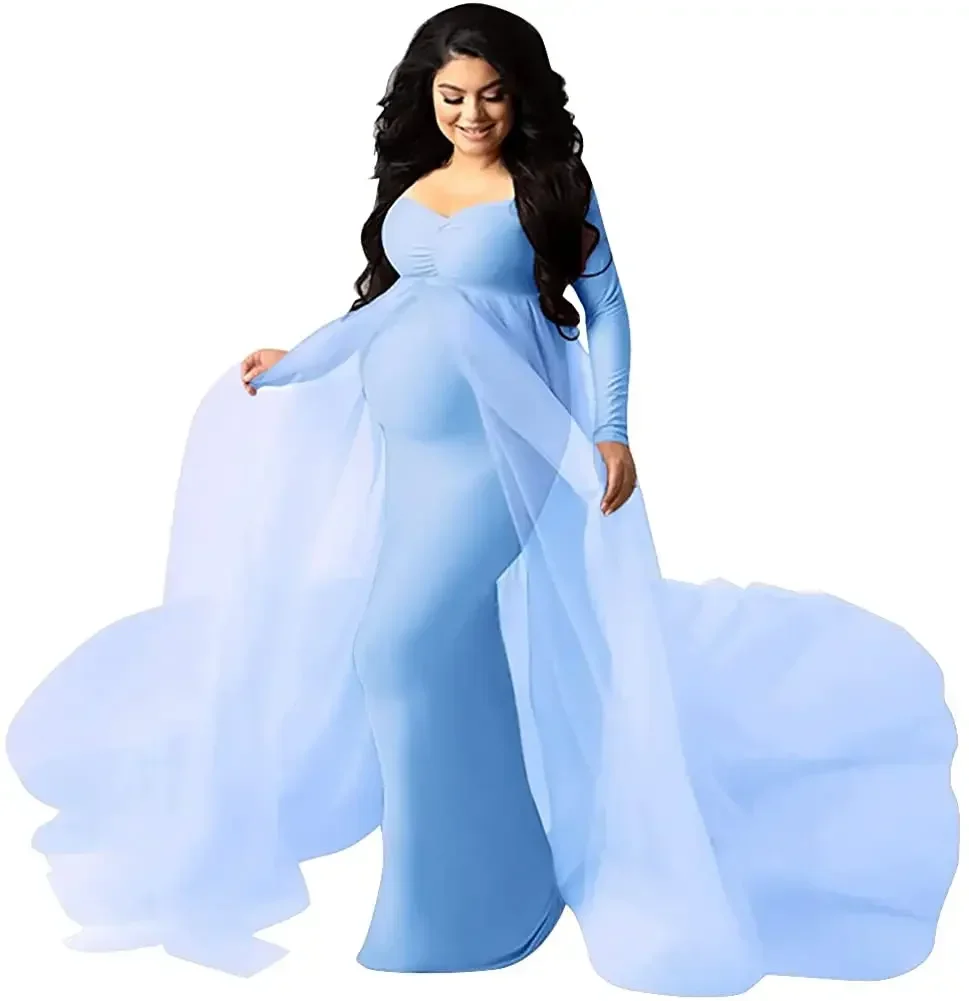 Women's Long Sleeve Off Shoulder Maternity Maxi Photography Props Dress Tulle Wedding Mermaid Gown for Photoshoot Baby Shower