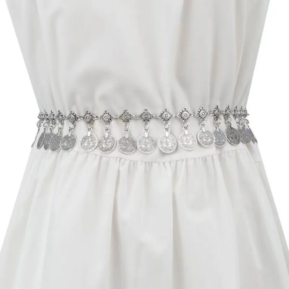 سلسلة بطن معدنية كلاسيكية فاخرة يهز العملات المعدنية الذهبية/الفضية حزام الخصر شرابات تصميم سلسلة الجسم للنساء