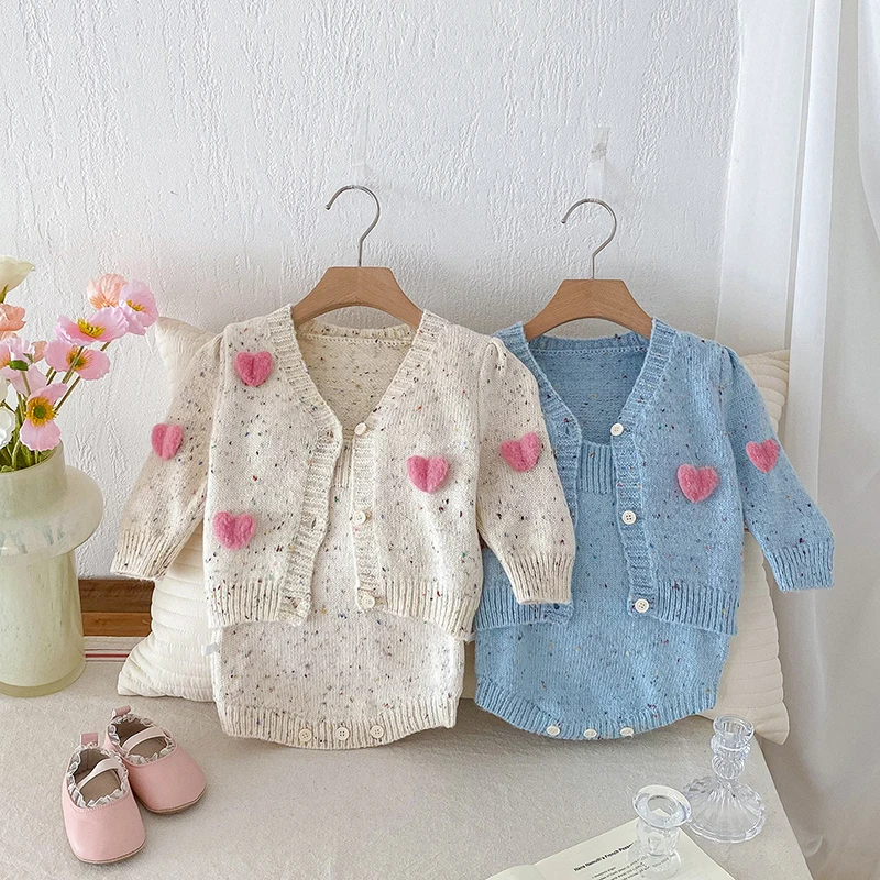 MILANCEL 2024 Autumn Baby Knitted Clothes 0-2Y Infant Girls Suspenders Bodysuit Infant One Piece Matching Heart V-Neck Sweater