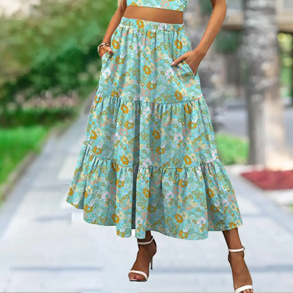 

Summer Pleated Party A-line Skirt Faldas Ladies Casual Baggy High Waist Vintage Bohemian Long Skirts With Pockets Streetwear