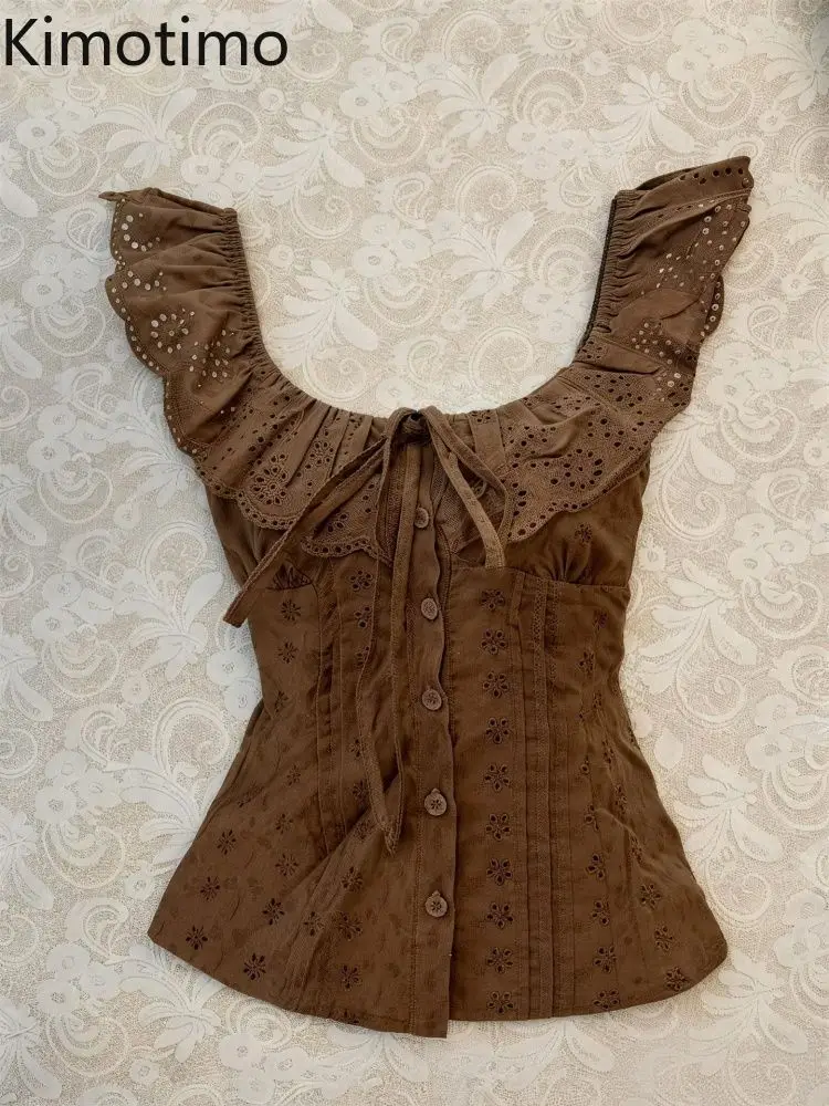 Kimotimo Y2k Hollow Out Ruffle Shirt Women Summer New Sweet Bandage Slim Button Up Crop Top Vintage Spicy Aesthetic Chic Blouse