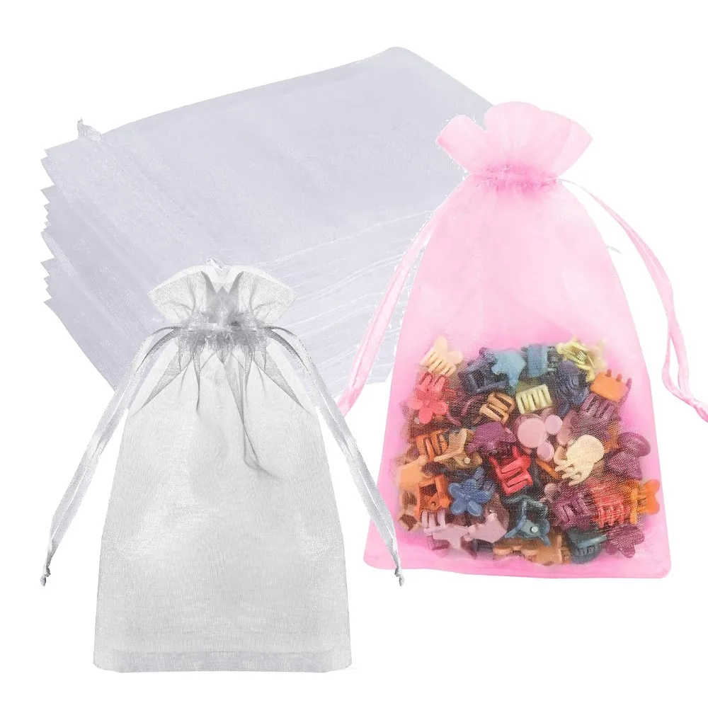 

100pcs/lot White Pink Organza Gift Bag Jewelry Drawstring Pouches For Wedding Christmas Candy Gift Packing Organizers Material