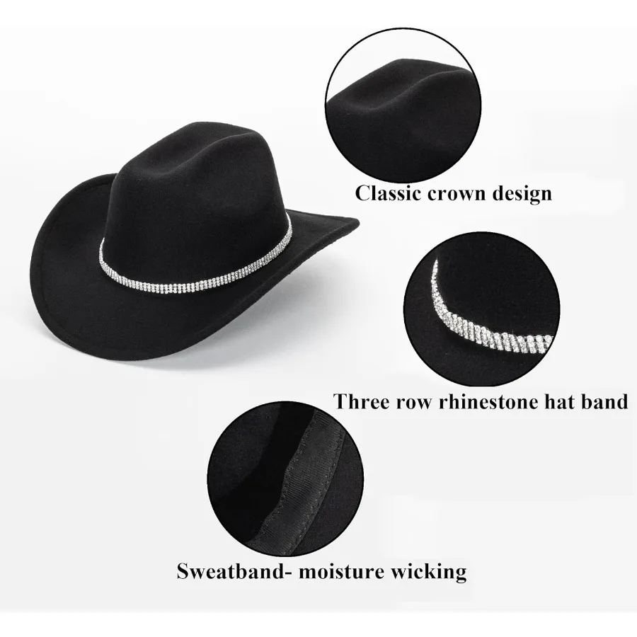 キラキラ輝くシルバーブラックのカウボーイハット 女性用 エレガントなウエスタンラインストーンカウガールハット レディース用 MLサイズ ロッドに最適