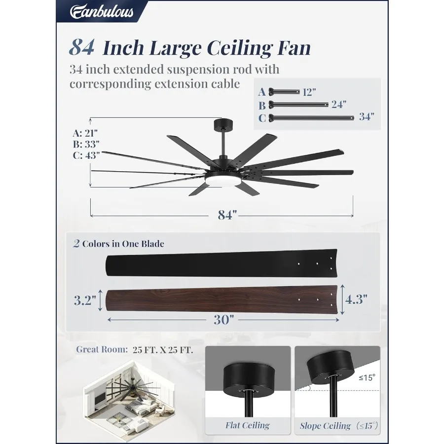 مراوح سقف صناعية مقاس 84 بوصة مع أضواء للاستخدام التجاري الداخلي والخارجي في كرابات الباحات والشرفات التي تتميز بتيار مستمر هادئ