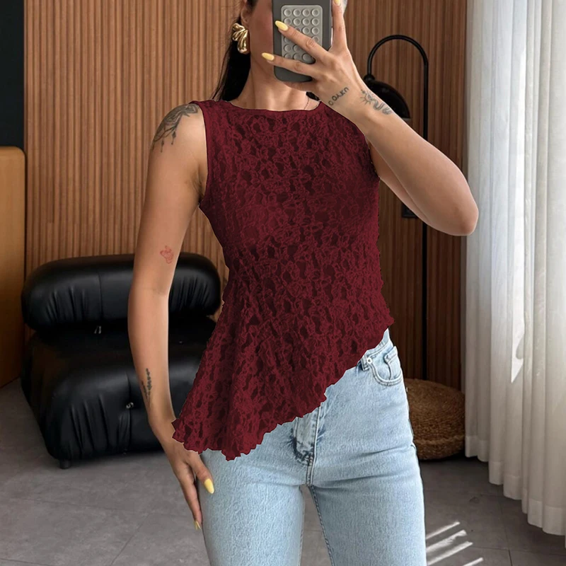 

Сексуальная кружевная рубашка без рукавов с круглым вырезом, пуловер, элегантный вязаный крючком полый жилет с лямкой на шее, топ, женская прозрачная блузка с нерегулярным подолом