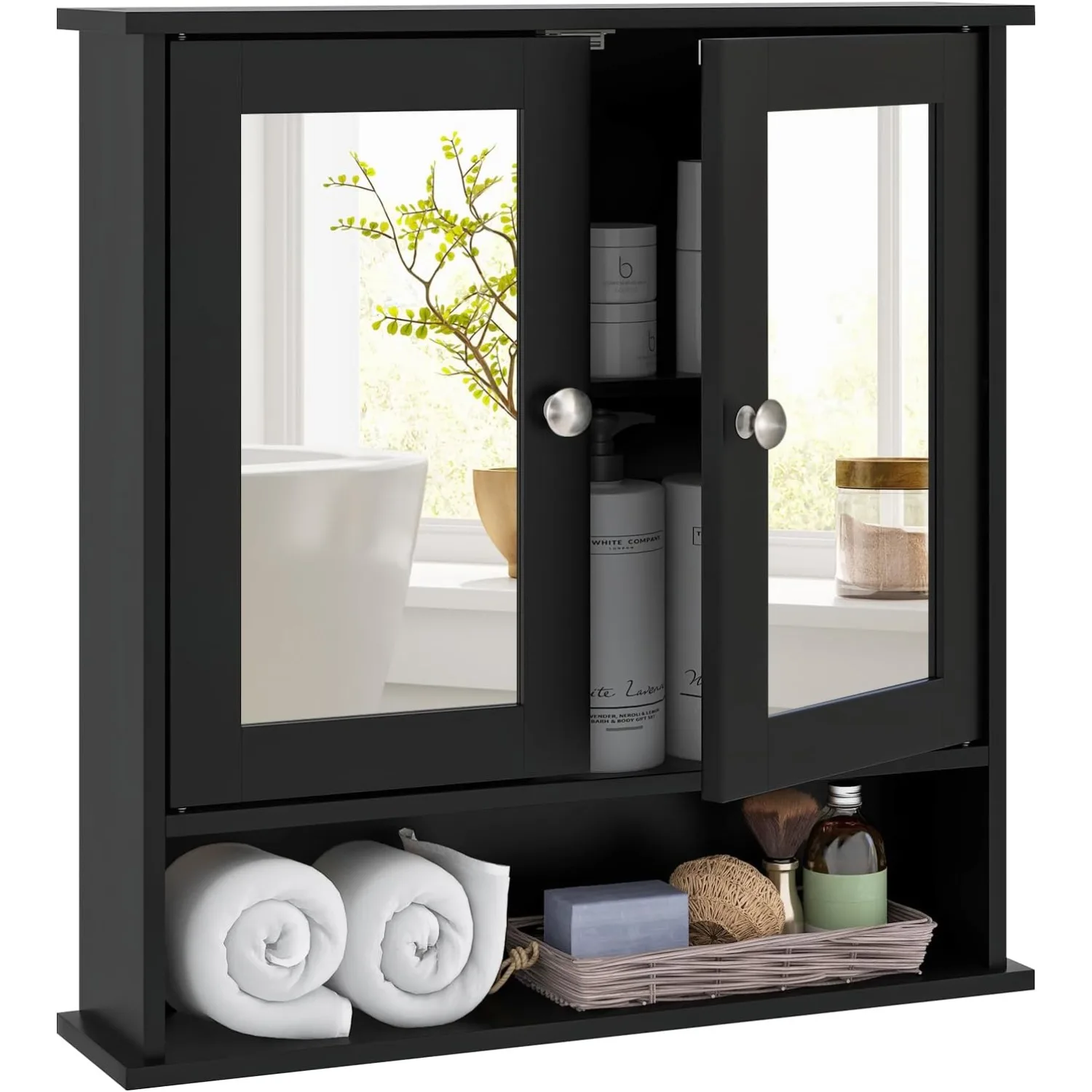 

Bathroom Cabinet Wall Mounted with Double Mirror Doors, Wooden Hanging Organizer with Doors and Shelves, Bathroom (Black)