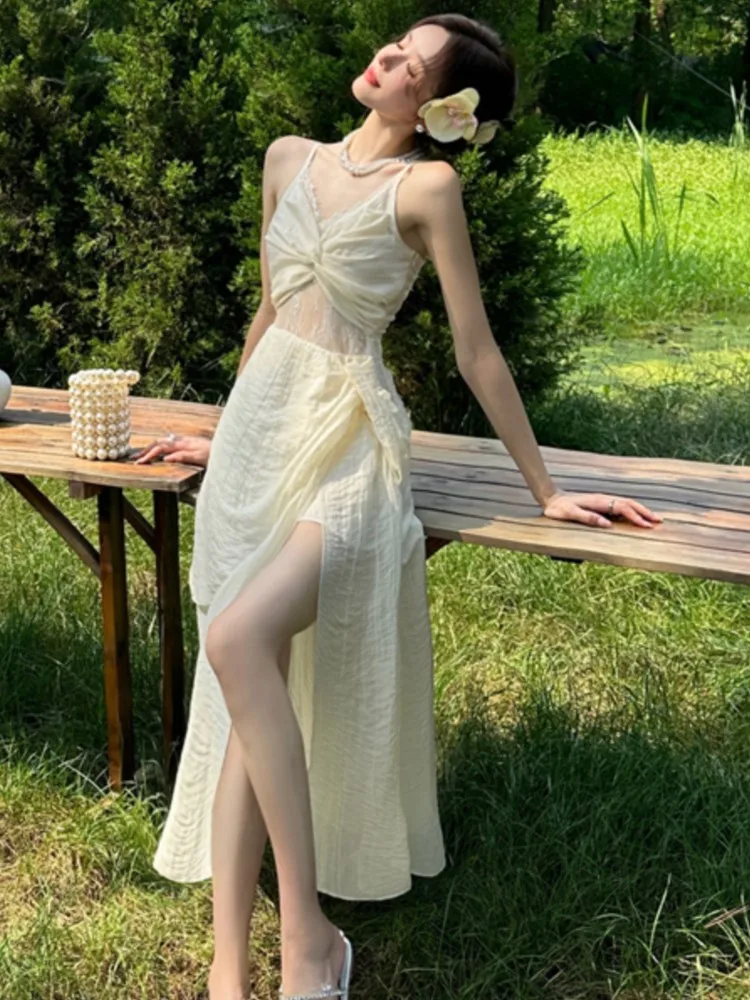 

Summer Hollow Out Womens Dresses French Style Spaghetti Strap Sleeveless Birthday Party Dress Korean Spring Casual Vestidos New