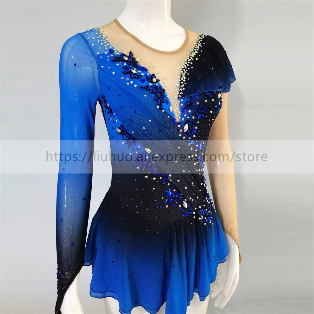 LIUHUO Women Aldult Teen Girl Customize Costume Performance Competition Leotard Ice Figure Skating Dress Dance Blue Skirt Roller