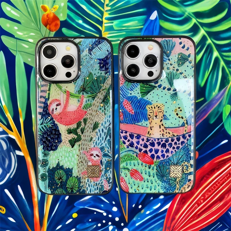 Chic Cute Cartoon Anime Sloth Leopard Silicone Phone Case For iPhone 16 15 14 13 12 11 Pro Max Plus Glitter Gold Foil Back Cover