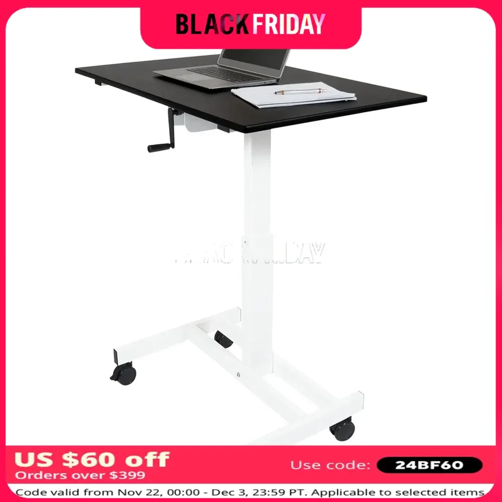 Stand Up Desk Store Crank Adjustable Height Single Column Rolling Mobile Standing Desk (White Frame/Black Top, 40