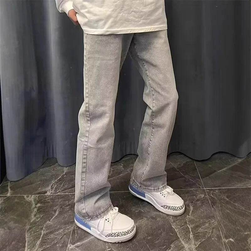 

Американские винтажные новые модные мужские серые однотонные простые базовые повседневные модные прямые расклешенные джинсовые брюки мужские джинсовые брюки