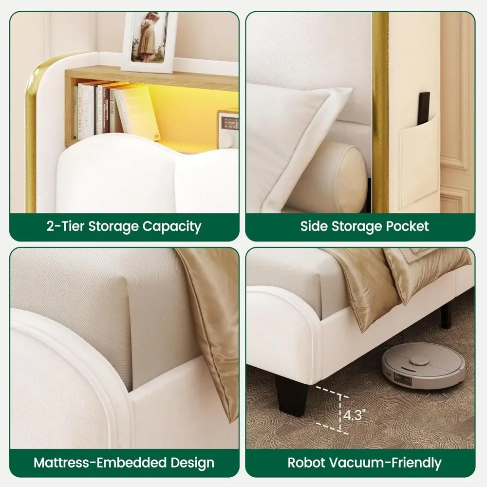 Kingsize bedframe met LED-verlichting en laadstation Fluweel gestoffeerd platformbedframe met opberghoofdeinde