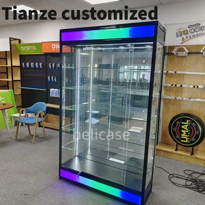 

Customized-retail store window display cabinet with colorful LED lights aluminum frame showcase glass display Smoke Shop