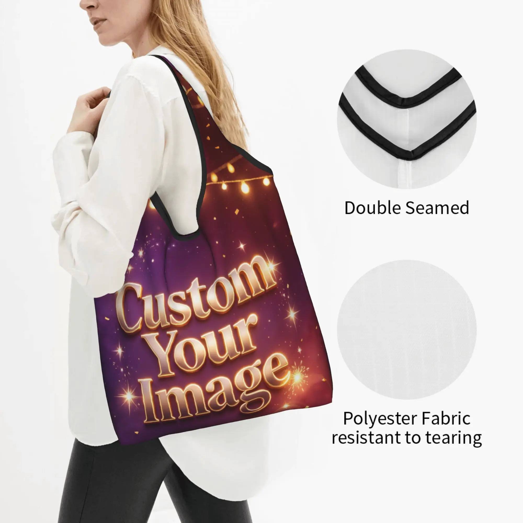 Custom Your Image Logo Text Groceries Shopping Bags Funny Shopper Shoulder Tote Bag Big Capacity Portable  Handbag