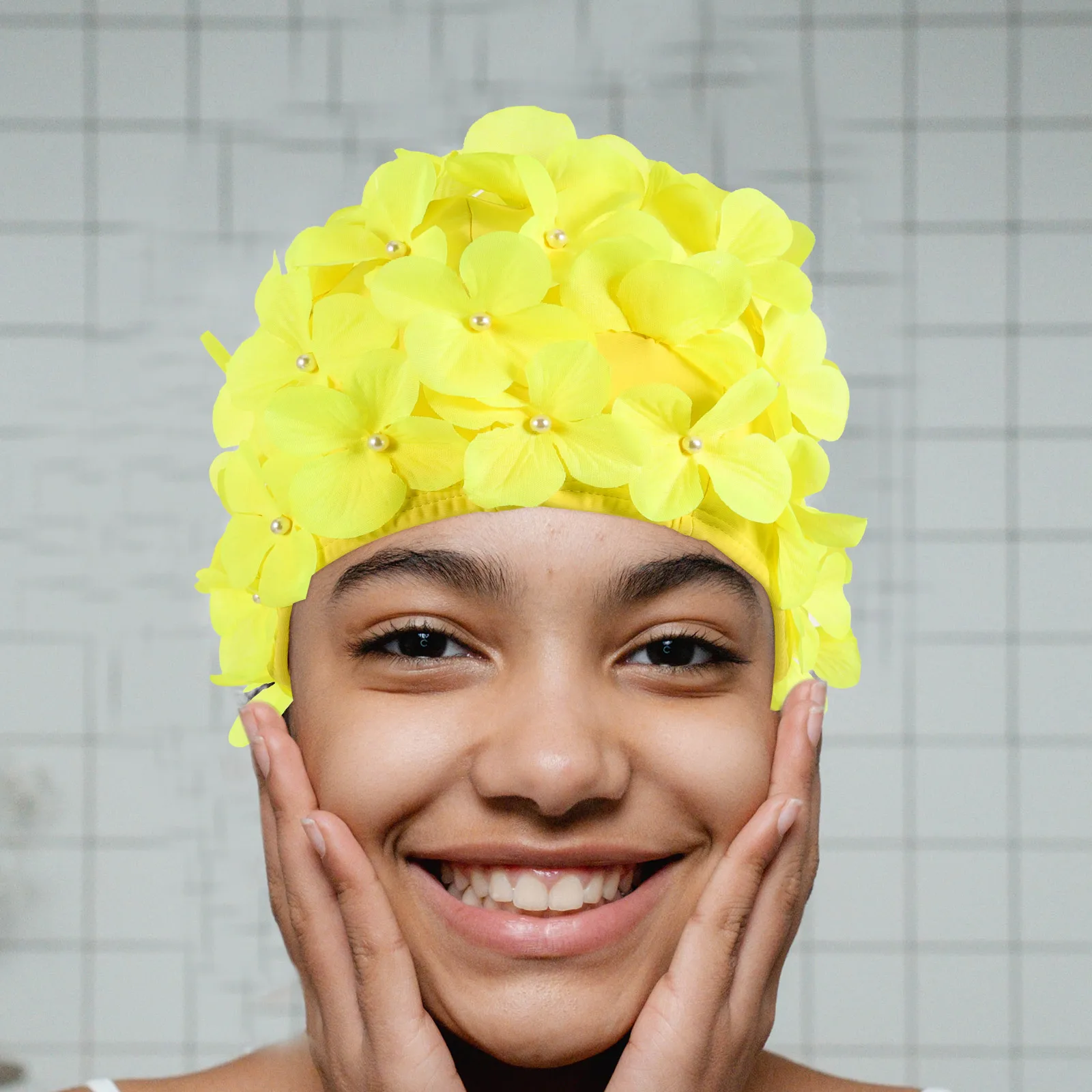 

Swim Cap Long Hair Women Flower Swimming for The Flowers Ladies Yellow Polyester Miss Caps