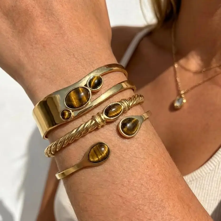 Exaggerated Retro Gold Plated Stainless Steel Bracelet for Women Men Natural Stone Smooth Hollow Bracelet Charms Jewelry Gifts