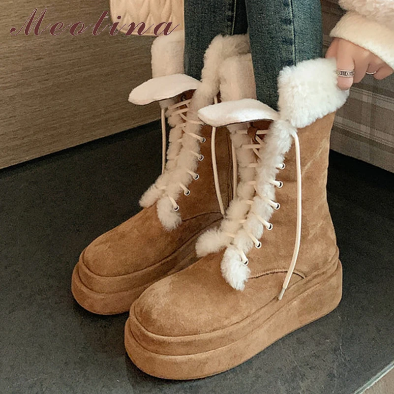 

Женские ботинки до середины икры Meotina, шерстяные боевые сапоги с круглым носком, на платформе и высоком каблуке, на шнуровке, зимняя обувь, абрикосового цвета, 40